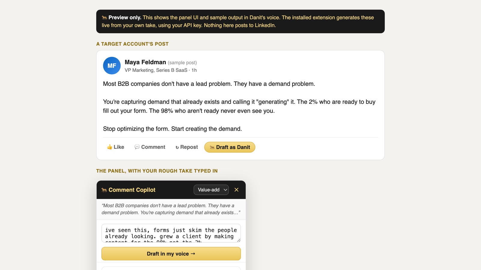 LinkedIn Comment Copilot Chrome extension drafting a comment in Danit's voice